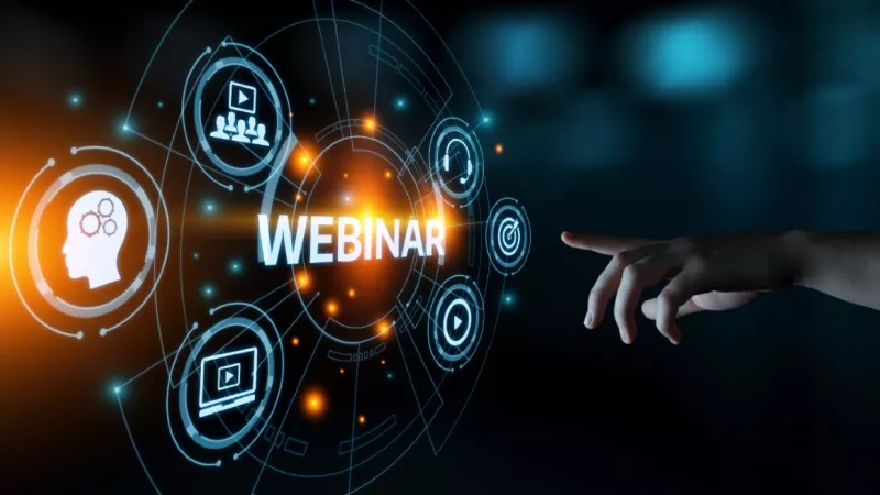 Webinar concept, hand selecting webinar option on an interactive screen with icons representing the webinar.