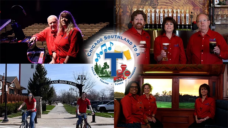 A collage of four photos of people in red shirts and the Chicago Southland to a T logo.