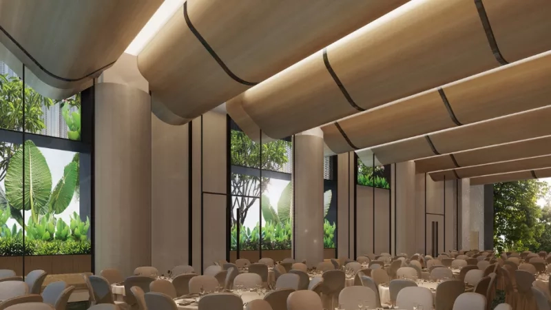 A rendering of the ballroom at the Grand Hyatt Singapore with tables and chairs set up.