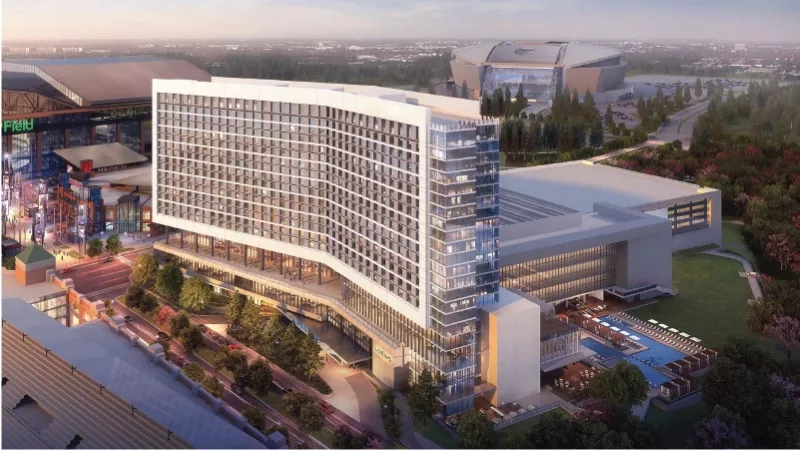 Rendering of the Omni Frisco Hotel, showing the architecture, landscaping, and ambiance.