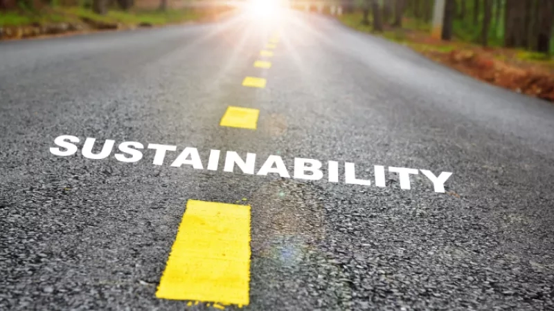 Road with the word sustainability on it, leading to the sun.