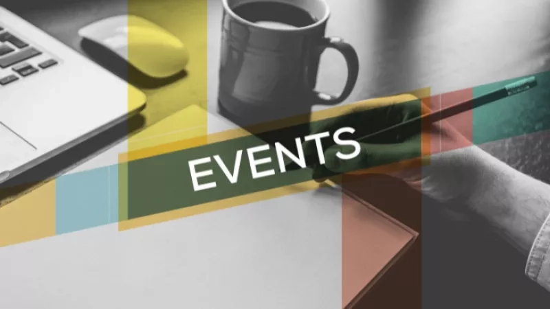 A cup of coffee and a laptop with text overlayed with the word "events" in white font.
