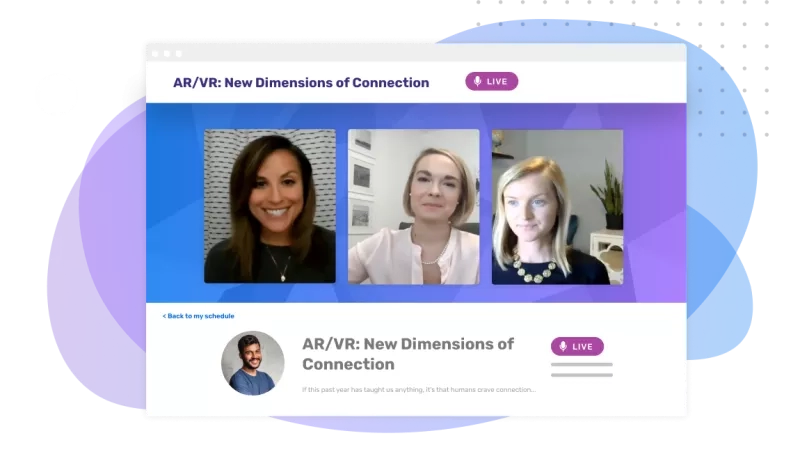 A screenshot of a webinar on AR/VR: New Dimensions of Connection with speakers and an attendee.