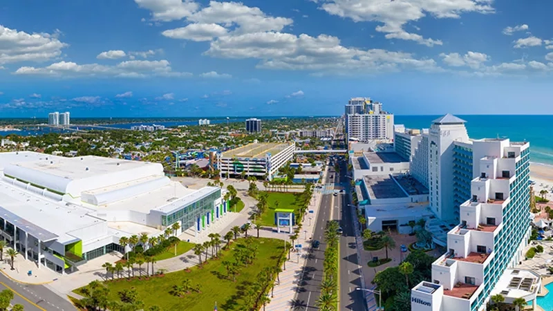 A skyline view of the Daytona Beach Convention Center and Hilton Daytona Beach Oceanfront Resort.