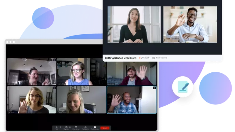 Virtual networking events with people waving to each other on video call with Cvent software.