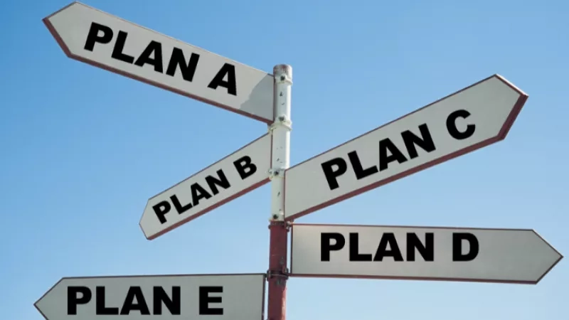 White signposts with the words plan A, B, C, D, and E on a blue sky background.