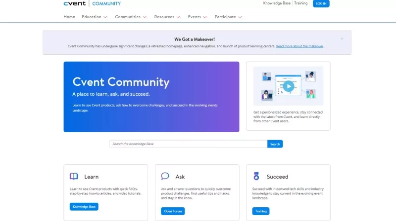 Cvent Community homepage with Knowledge Base, Training, and Open Forum buttons at the bottom of the page.