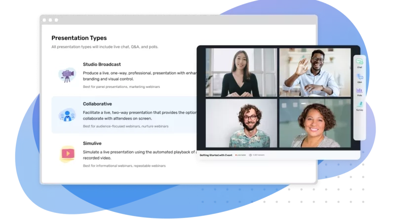 Choose from three presentation types: Studio Broadcast, Collaborative, or Simulive.
