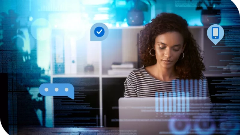 A woman is working on a laptop with a check mark, cell phone, and chat bubble icons.