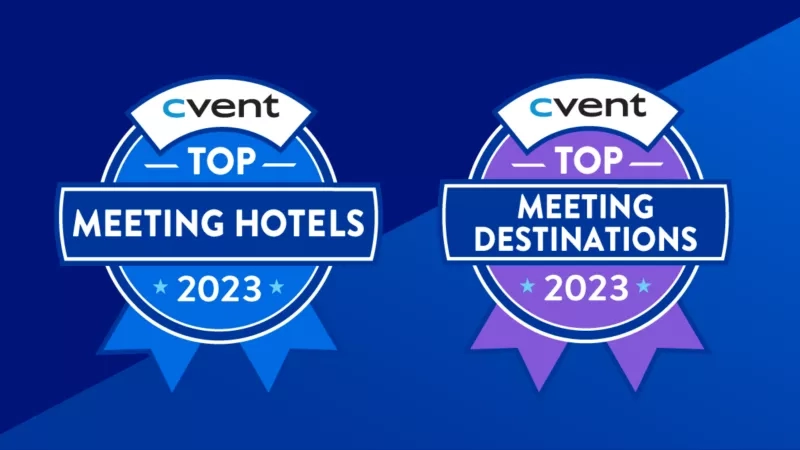 Two badges with the words "Top Meeting Hotels 2023" and "Top Meeting Destinations 2023"