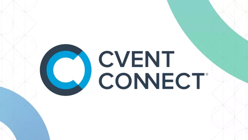 Cvent Connect 23 homepage banner with white background, teal, and blue abstract shapes, and Cvent Connect logo.