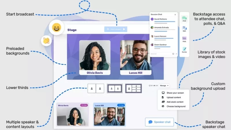 A screenshot of the Cvent webinar platform displaying the speaker chat, multiple speaker layouts, and a library of stock images.