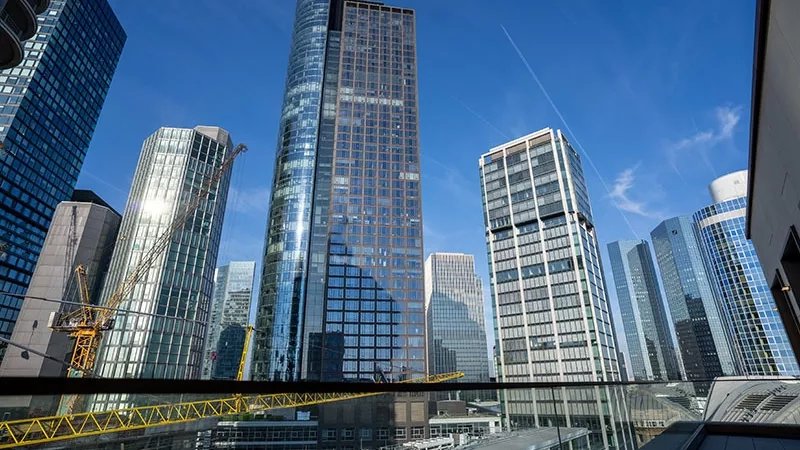 A view of the skyline of Frankfurt with the Omnitower in the center on a sunny day.