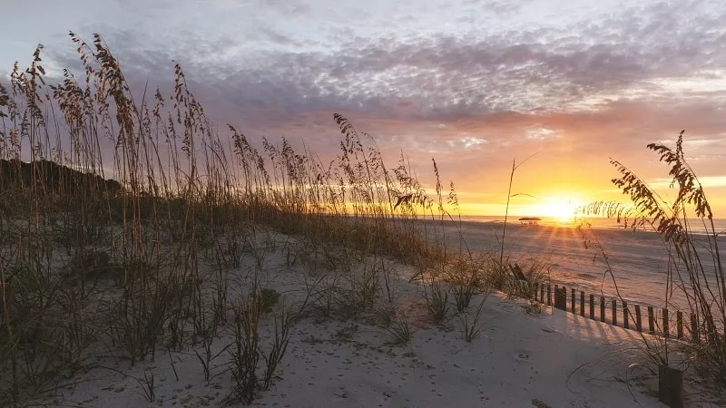 The sun sets on the beach, with a fence and a grassy area on the sand.