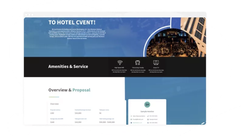 Hotel website with text, amenities, and services, and a cityscape with modern architecture, landscaping, and ambiance.