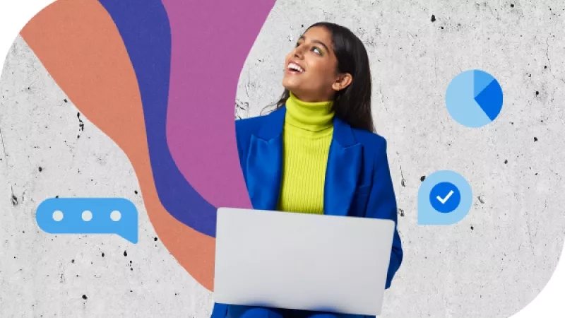 A smiling woman in a blue blazer holds a laptop, with icons in the background.