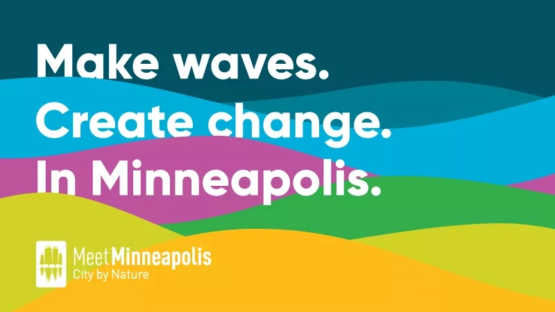 Make waves create change in Minneapolis city by nature with green, blue, and yellow shades.