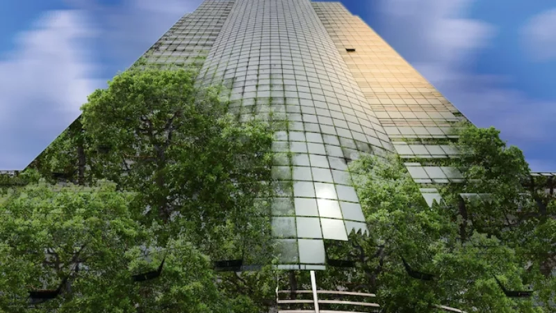 A high-rise building with glass windows and trees on a blue sky background, showcasing modern architecture and landscaping.