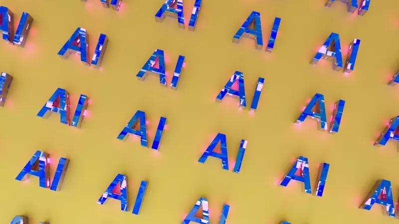 A grid of blue and yellow glowing letters spelling out "AI" on a yellow background.