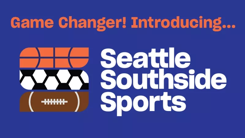 Introducing Seattle Southside Sports with basketball, soccer, and football ball graphics on a blue background.