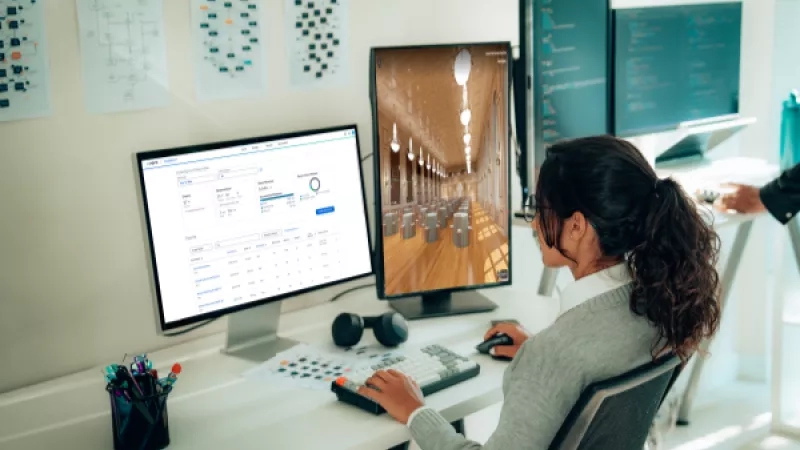 A woman is working on a computer with a monitor displaying an architecture.