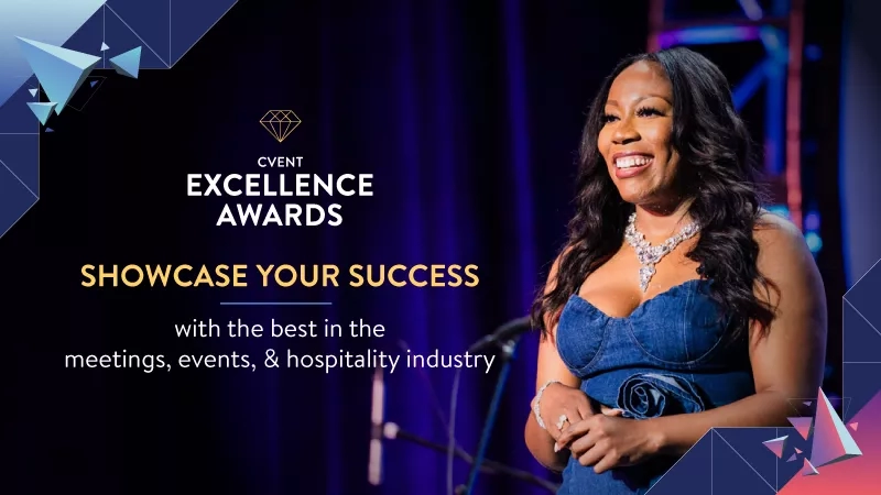 Woman smiling on stage with words Cvent Excellence Awards Showcase Your Success in front of her.