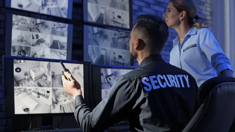 A man with a security uniform is looking at a CCTV screen in a security office.