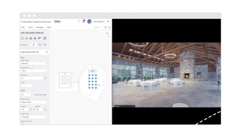 Image of a banquet hall with a virtual tour on the right and editing tools on the left.