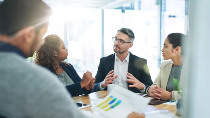 Group of people having a meeting with papers and a plant on a table in a room.