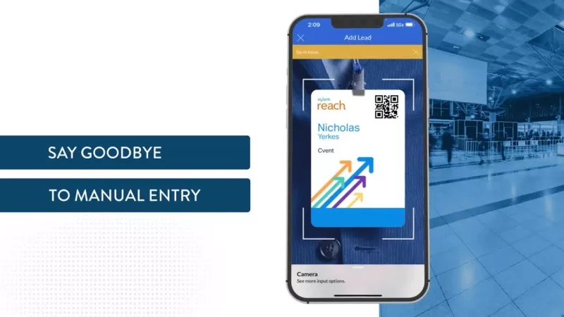 An illustration of a mobile phone screen with a QR code that says "Goodbye to manual entry."