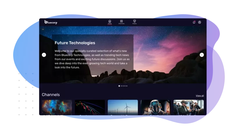 The events channel of Bluecorp, with a thumbnail of a virtual reality event.