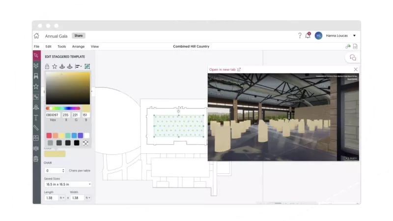 Screenshot of an event floor plan showing the event space and the floor plan.