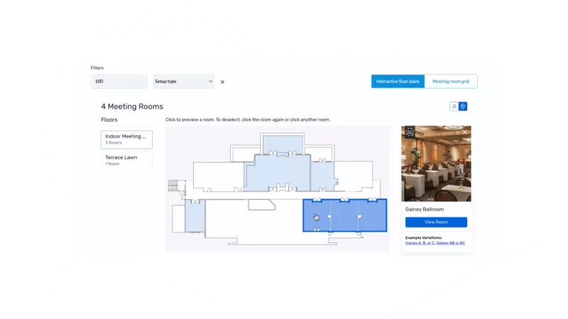 Meeting room grid view of floor plans with photos and 3D views in an interactive map