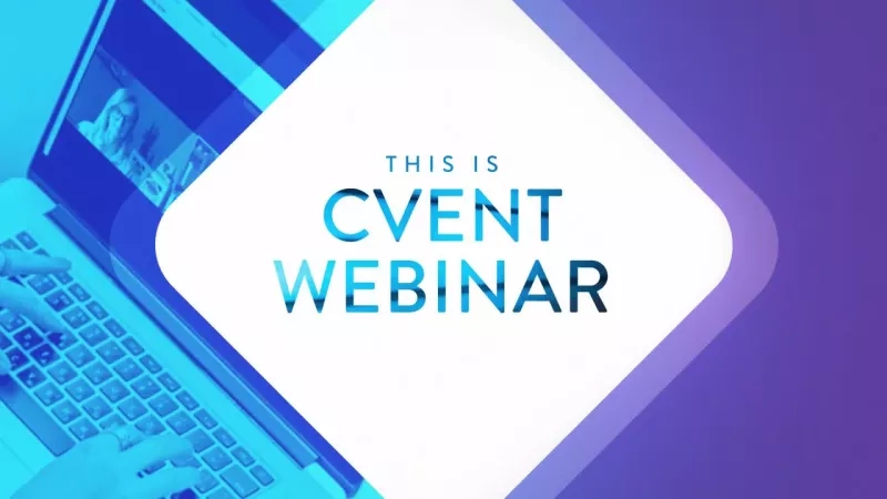 Cvent Webinar with a laptop image and a person typing on the keyboard with a background color.