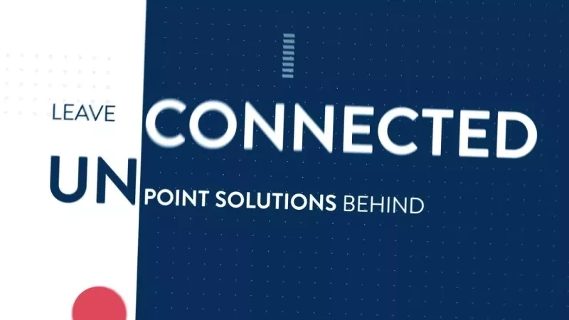 Leave unconnected point solutions behind text over a blue background with a red circle on the left.