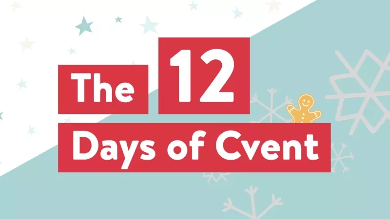 The 12 Days of Cvent with stars and snowflakes on a blue and white background
