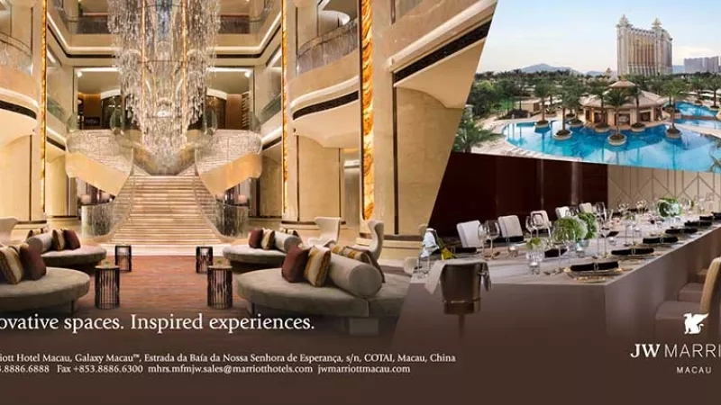 JW Marriott Macau Hotel, architecture, pool, dining table, and "Innovative spaces. Inspired experiences." text.