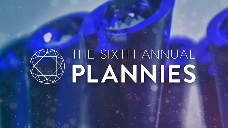 The sixth annual Plannies logo is shown in front of a blue background with many tubes.