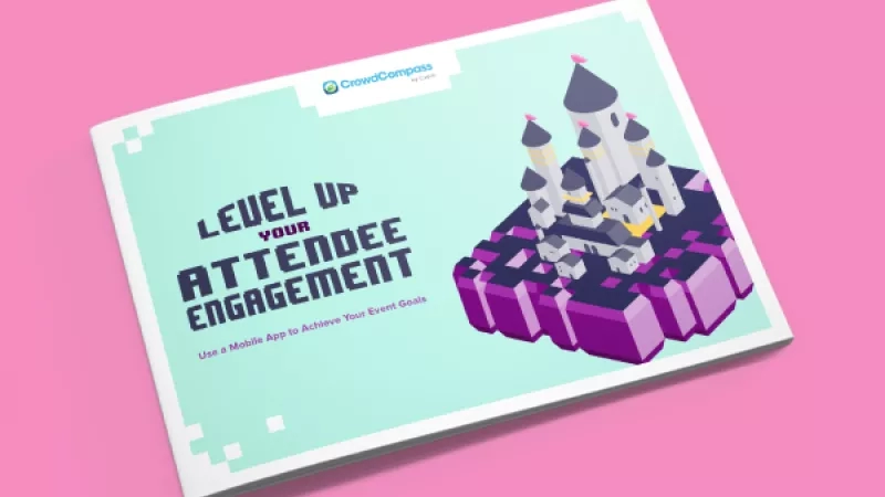 A castle-themed flyer with text "Level up your attendee engagement" on a pink background.