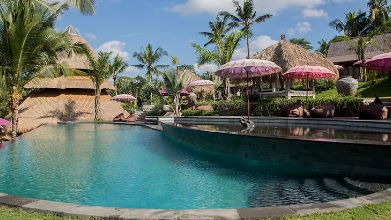 The outdoor pool area is surrounded by palm trees, huts, and umbrellas, creating a tropical ambiance.