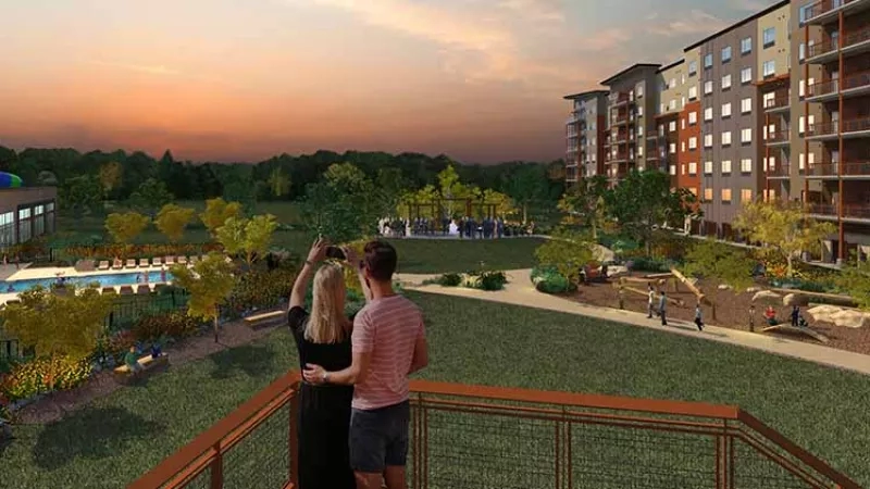 A rendering of the clubhouse and pool at Olympus in Keller, Texas, at sunset.