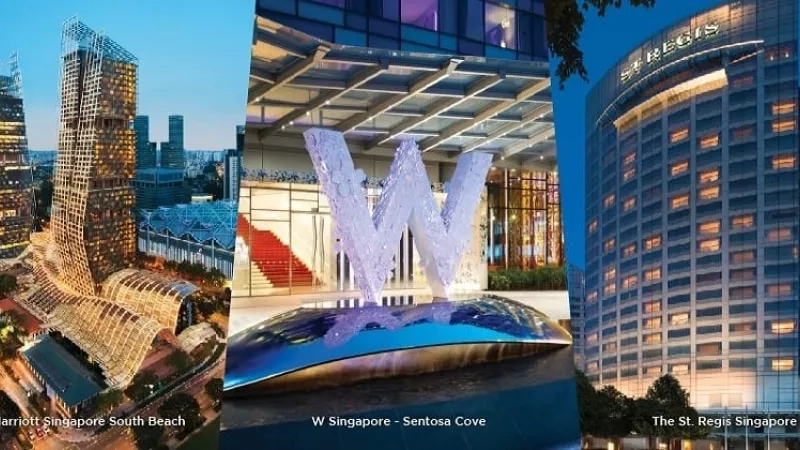 Three images of JW Marriott Singapore South Beach, W Singapore, and The St. Regis Singapore.