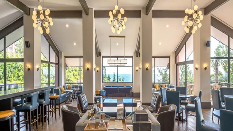The Boundary's Lobby Lounge with the pool table and the bar on the left side of the image.