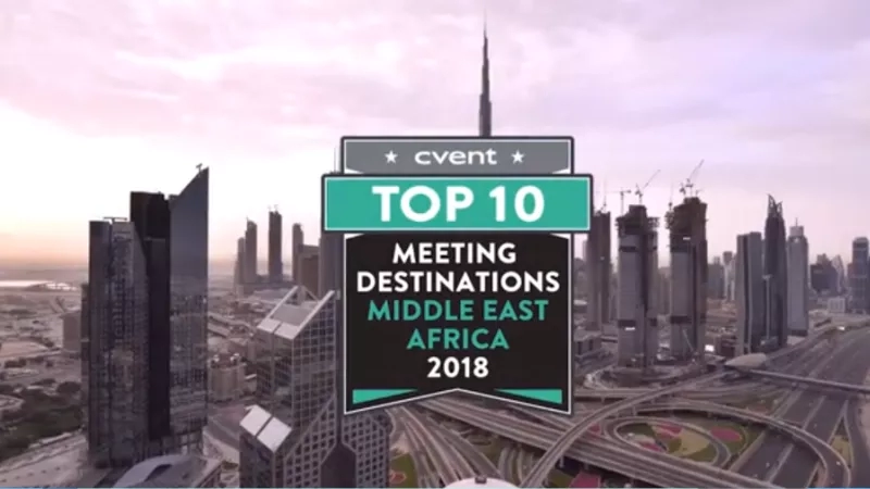 A city skyline with a sign that says "Top 10 Meeting Destinations Middle East Africa 2018."