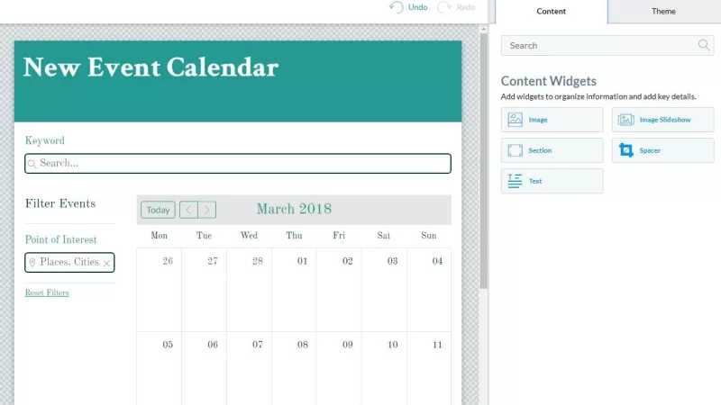 A screenshot of a new event calendar with a search bar and filter events section on the left.