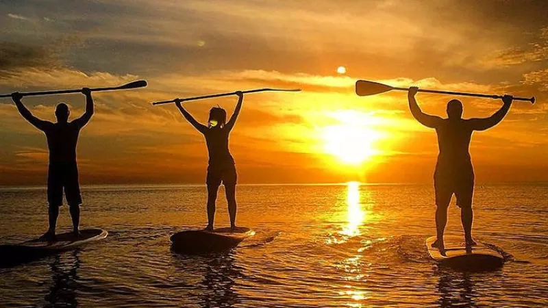 Three people are standing on paddleboards, holding paddles, and posing in silhouette with a sunset behind them.