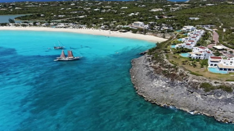 Aerial view of the tropical paradise of the island of Anguilla, turquoise water, and white sand beach.