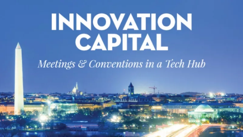 A cityscape at night with a Washington Monument and "Innovation Capital" written on a blue background.