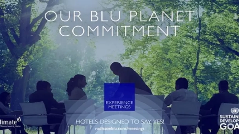 Blu Planet Commitment at Radisson Blu Hotel Meetings, showcasing sustainability goals and a harmonious blend of architecture and nature.