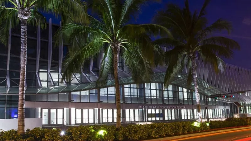 Palm trees, building, Miami Beach Convention Center, night, lights, architecture, landscaping, ambiance, urban setting, tourism.